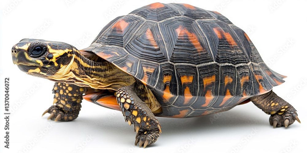 Obraz premium A lovely tortoise slowly walking, emphasizing its shell against a white backdrop. 
