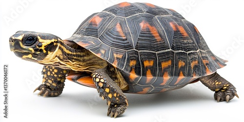  A lovely tortoise slowly walking, emphasizing its shell against a white backdrop. 
