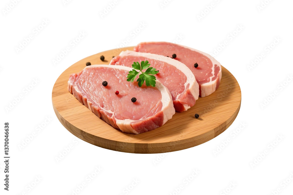 Raw pork chops with parsley on a cutting board Raw pork chops with parsley on a cutting board