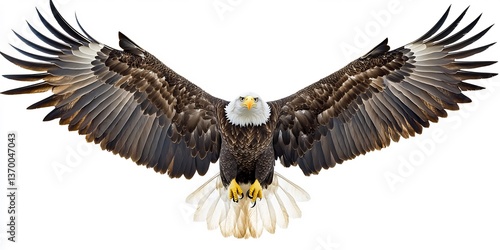  A majestic bald eagle soaring high, wings spread wide against a white background. 