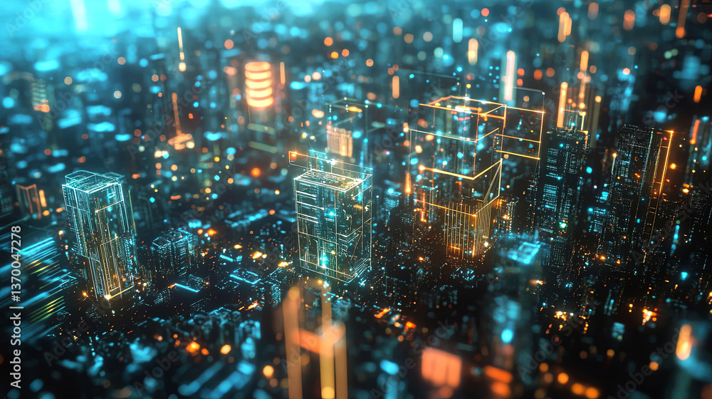 Obraz premium A stunning urban landscape filled with vibrant lights and futuristic architecture