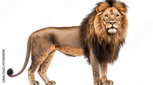  A majestic lion standing proudly on a white background, its mane flowing gracefully. 