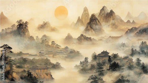 traditional chinese landscape wash painting on old vintage silk paper