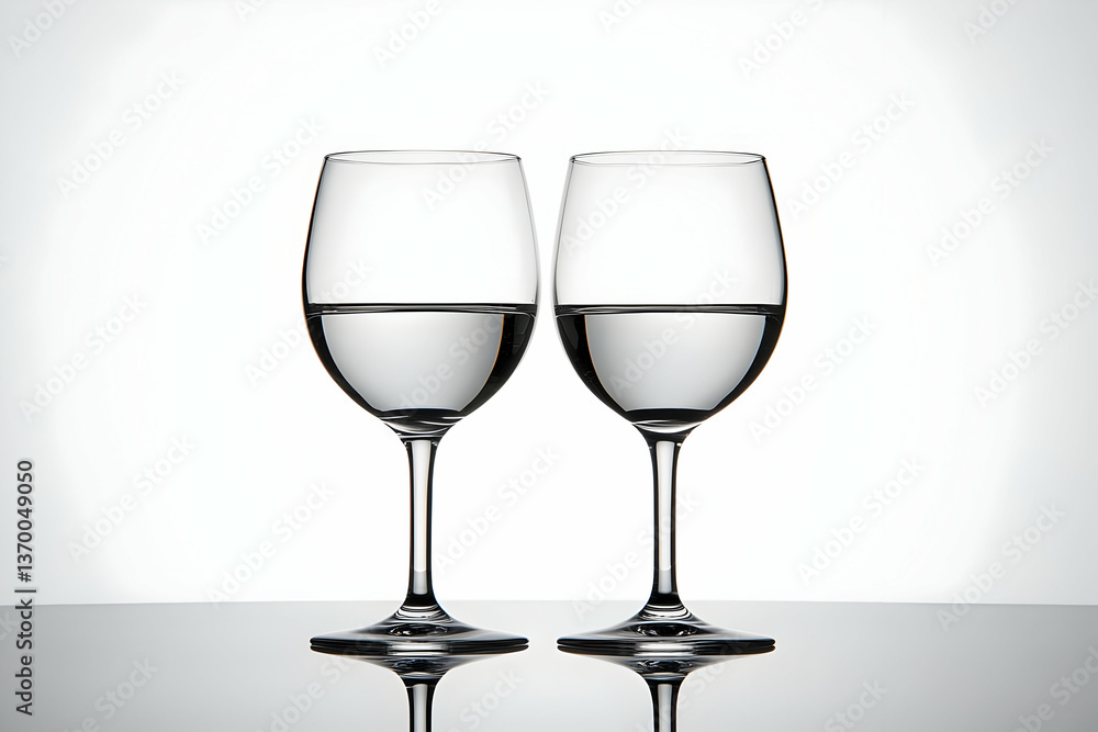 Two glasses of water on a reflective surface create a refreshing and clean image for presentations Two glasses of water on a reflective surface create a refreshing and clean image for presentations