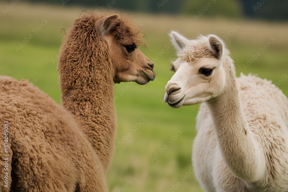 Obraz premium Two alpacas stand face-to-face in a green field with trees behind