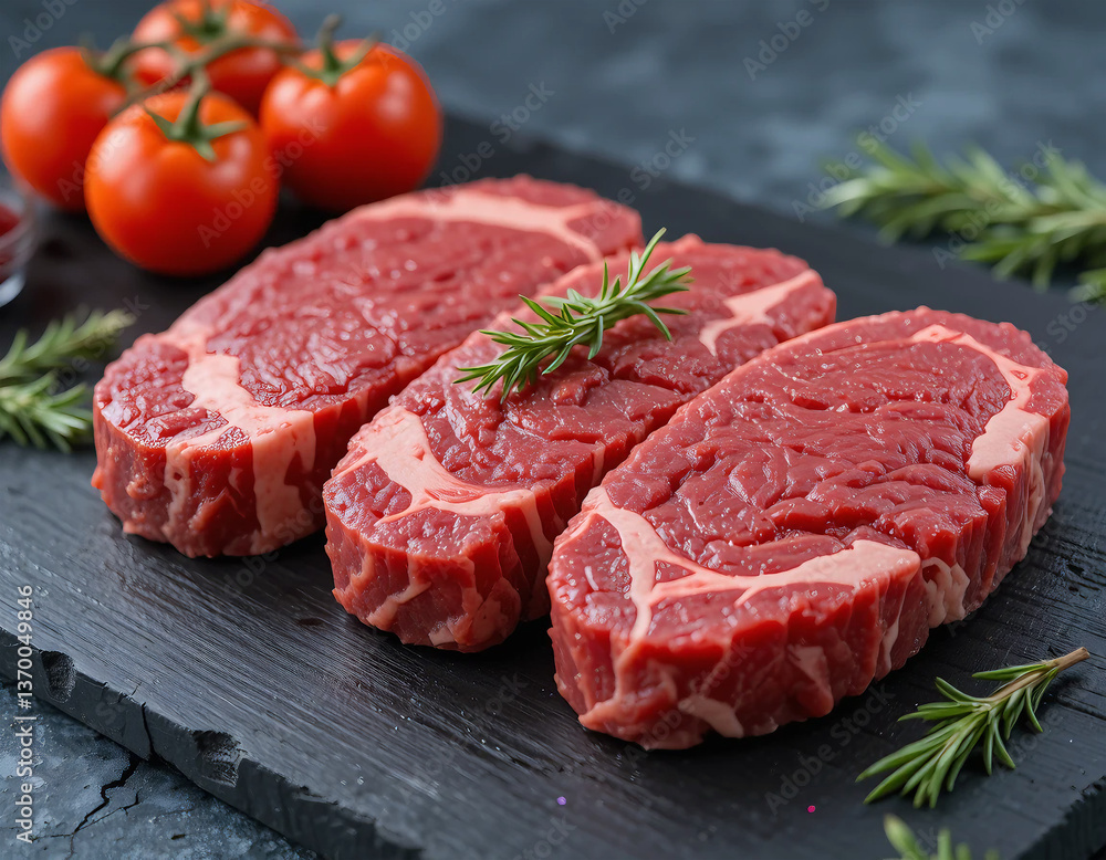 Fresh raw beef steak on a wooden board with parsley and ingredients for cooking Fresh raw beef steak on a wooden board with parsley and ingredients for cooking
