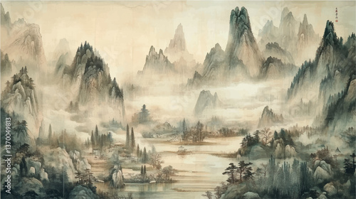 traditional chinese landscape wash painting on old vintage silk paper