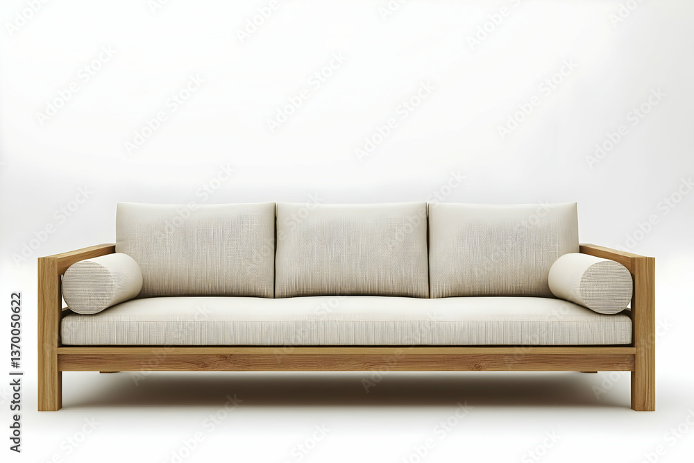 Stylish three-seater sofa with wooden frame and neutral cushions for modern living rooms Stylish three-seater sofa with wooden frame and neutral cushions for modern living rooms