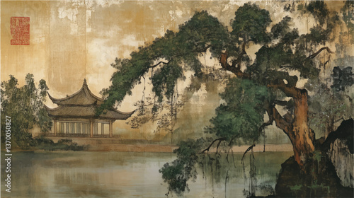 traditional chinese landscape wash painting on old vintage silk paper