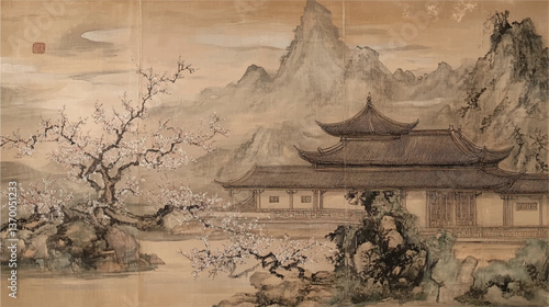 traditional chinese landscape wash painting on old vintage silk paper