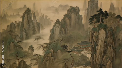 traditional chinese landscape wash painting on old vintage silk paper