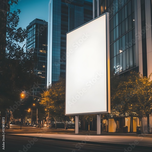Blank illuminated billboard on a city sidewalk at night, surrounded by tall modern buildings and trees.suitable for advertisement mockups, business promotions, or visual design presentations.