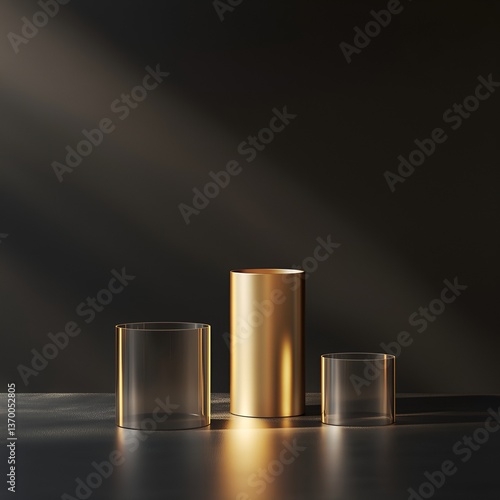 Gold colored tube shaped product stand. suitable for product promotion