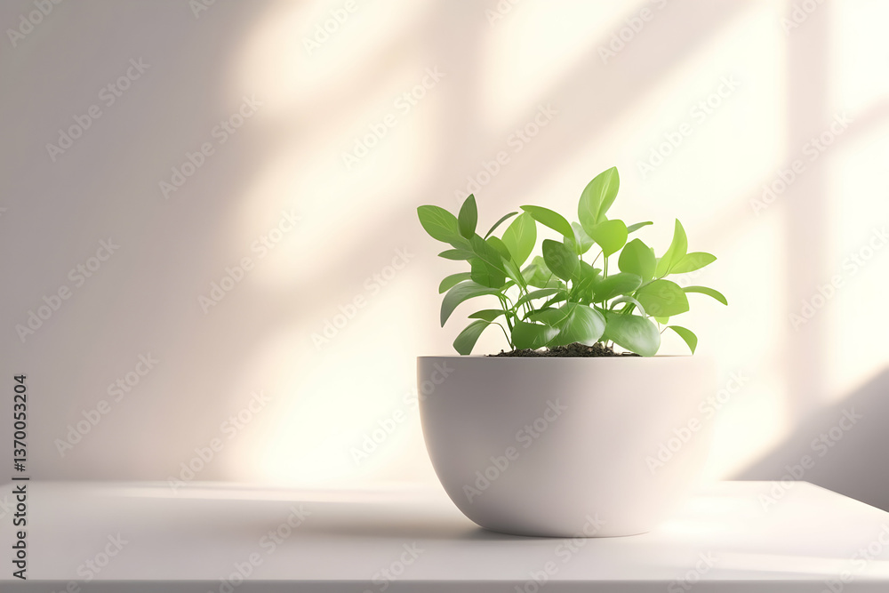 Potted green plant with sunlit leaves on a table for home decor and indoor gardening Potted green plant with sunlit leaves on a table for home decor and indoor gardening