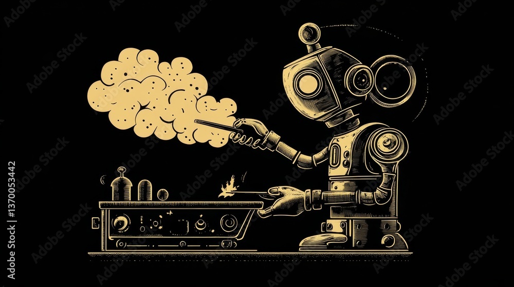 Fototapeta premium Gold Steampunk Robot Operating Device with Yellow Smoke