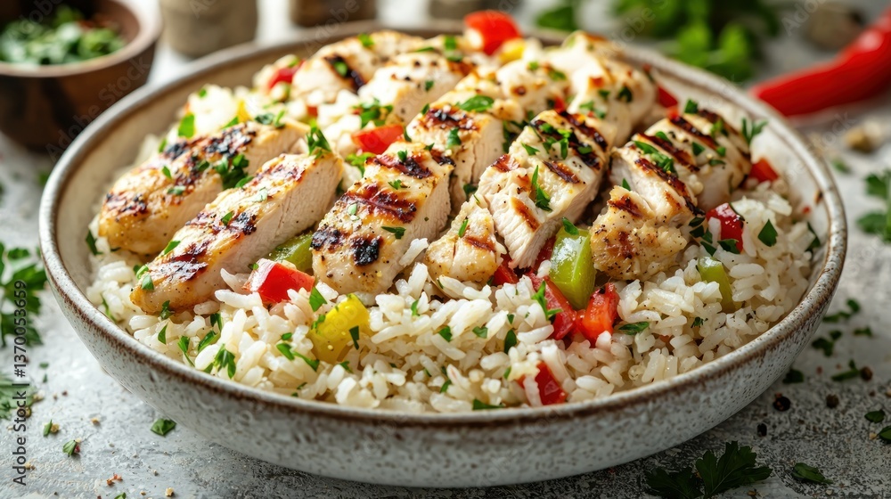 Grilled chicken and rice dish with vegetables Grilled chicken and rice dish with vegetables