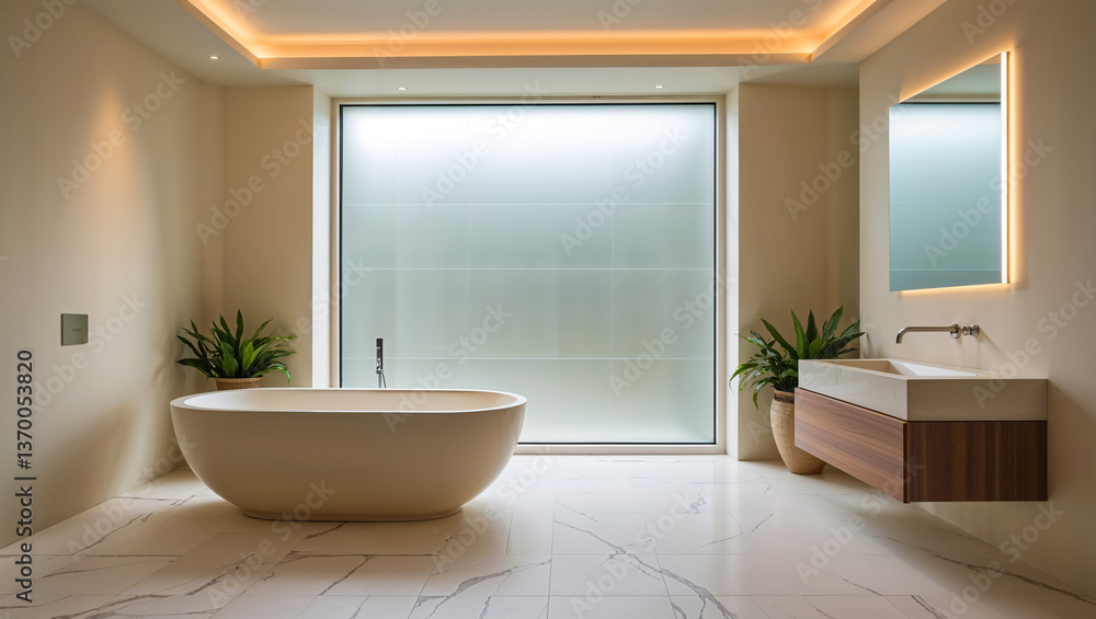 Fototapeta premium A serene spa-like bathroom bathed in soft light, featuring a freestanding tub and sleek modern vanity, creating a tranquil oasis of calm.