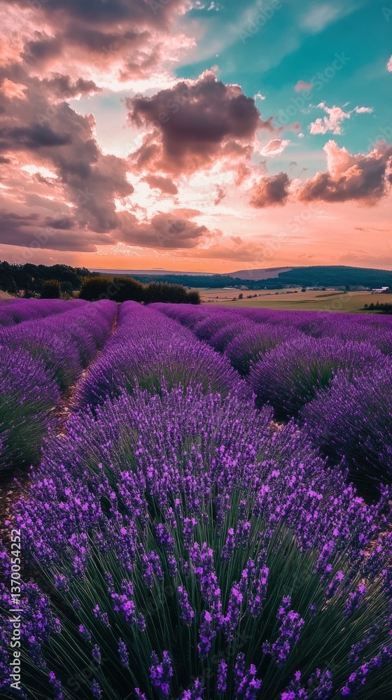 Obraz premium Lavender field basking under dramatic sky with clouds and sunset hues