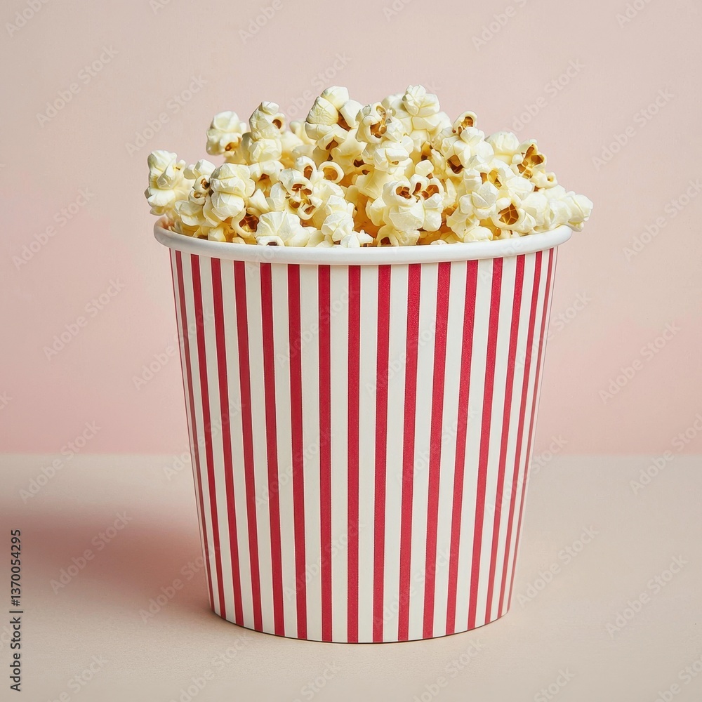 Fresh Popcorn in Red and White Striped Cup Against Soft Pink Background Fresh Popcorn in Red and White Striped Cup Against Soft Pink Background