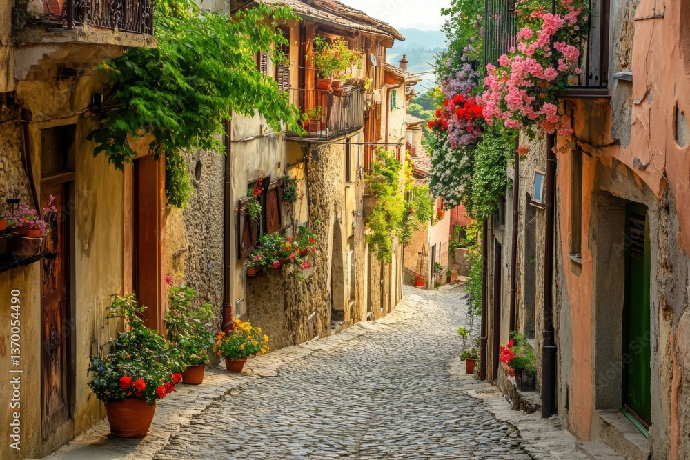 Fototapeta premium Quaint village street with vibrant flowers and rustic charm