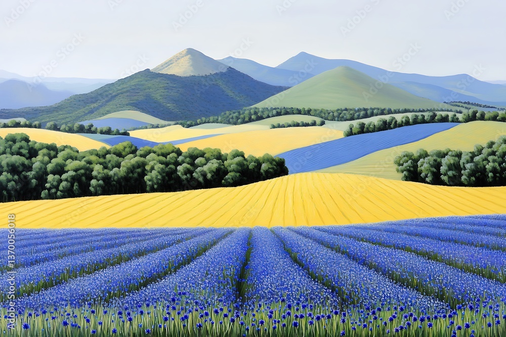 Naklejka premium Stunning field of blue flowers stretching across the landscape under a clear and sunny sky