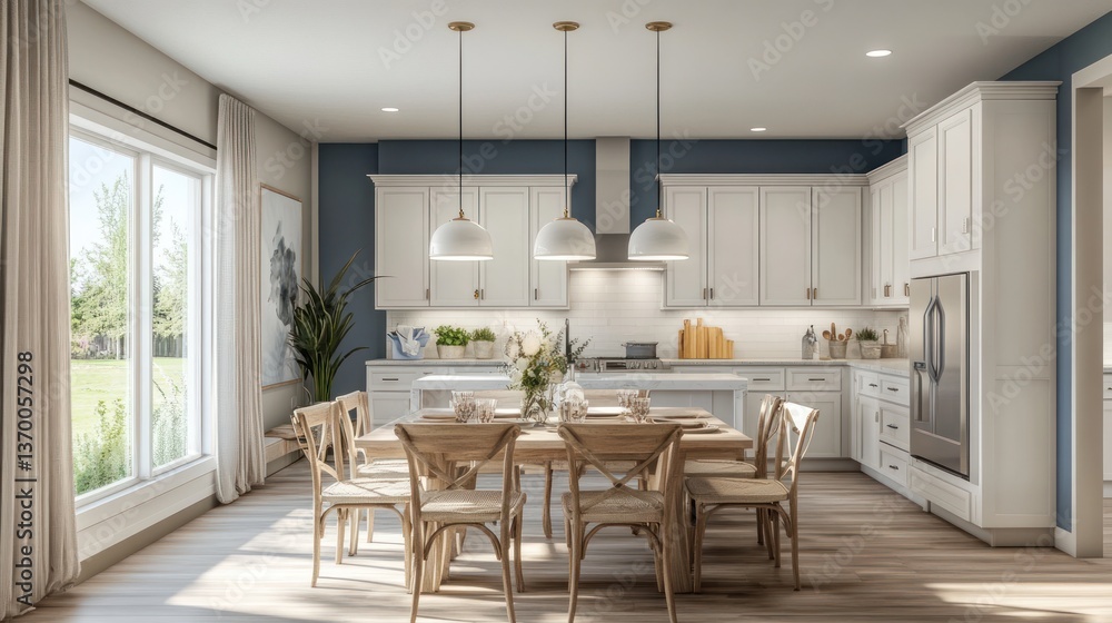 Fototapeta premium Modern Farmhouse Kitchen Dining Area, Interior Design, Sunlight, Home Interior, for Design Inspiration