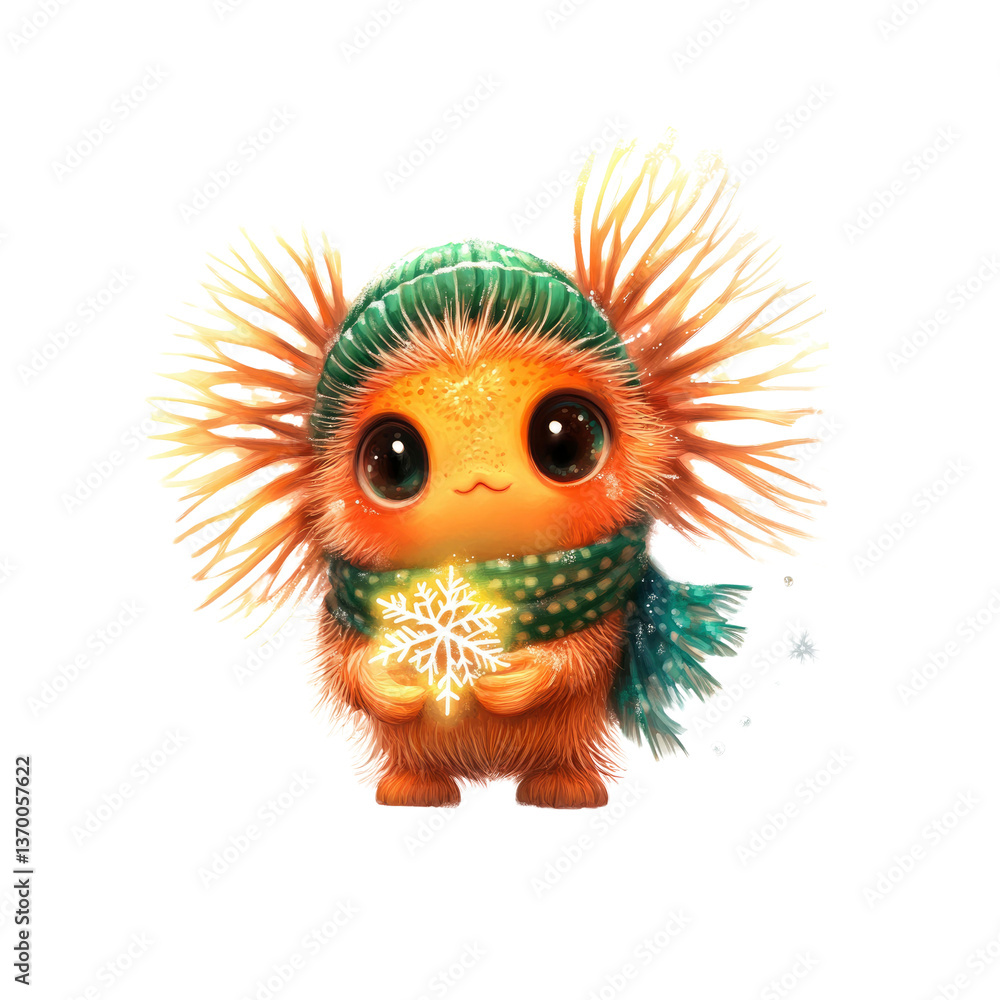 Adorable Fuzzy Creature Holding Snowflake in Winter Hat and Scarf Adorable Fuzzy Creature Holding Snowflake in Winter Hat and Scarf