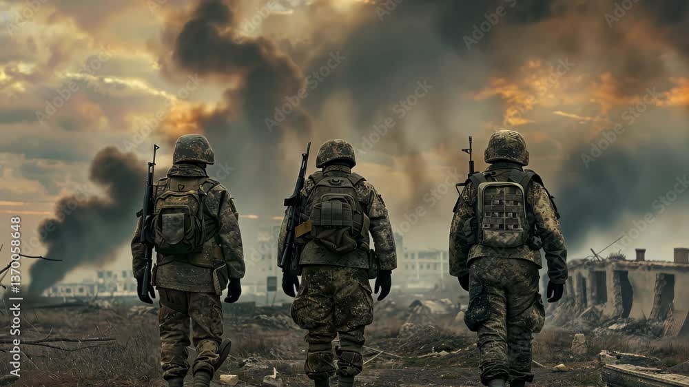 Three soldiers in military gear survey a devastated area with smoke billowing against a dramatic sunset, illustrating the harsh realities of war and its impact on the environment. Three soldiers in military gear survey a devastated area with smoke billowing against a dramatic sunset, illustrating the harsh realities of war and its impact on the environment.