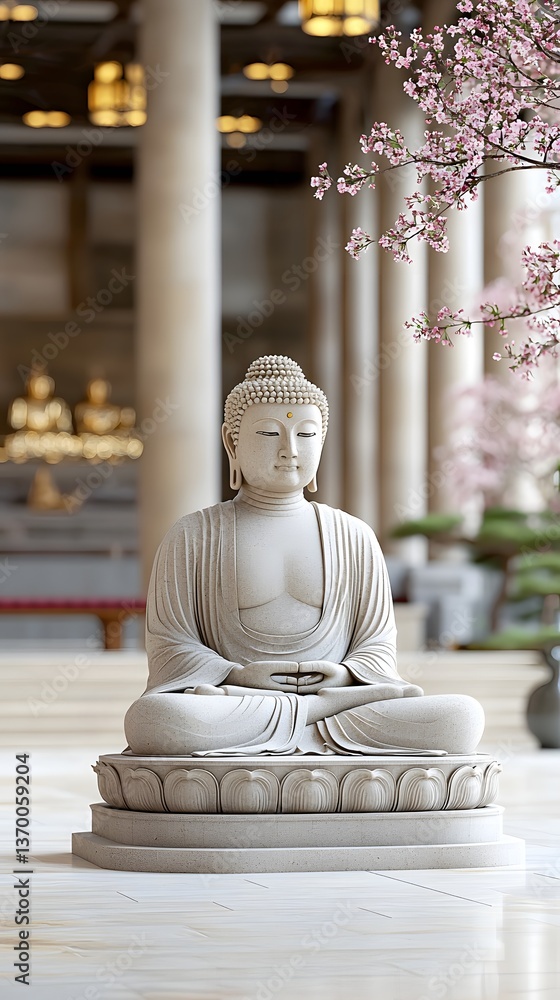 A tranquil Buddha sculpture sits in a temple setting with delicate cherry blossoms in full bloom and a soft golden glow illuminating the scene creating a peaceful and contemplative atmosphere A tranquil Buddha sculpture sits in a temple setting with delicate cherry blossoms in full bloom and a soft golden glow illuminating the scene creating a peaceful and contemplative atmosphere