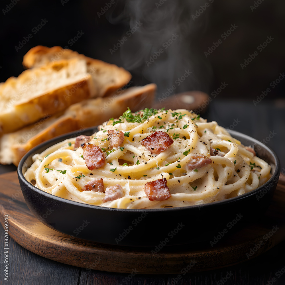 Fototapeta premium Creamy pasta with bacon, served hot