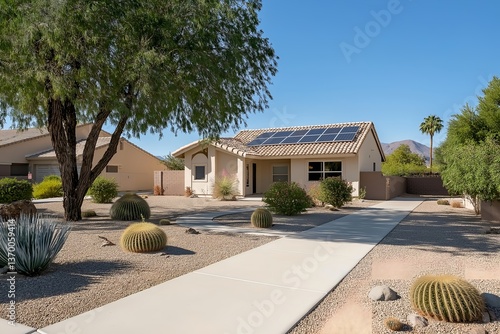 Modern Solar Panels on Yuma Arizona Home Under Clear Blue Sky, Renewable Energy, Sustainable Living, Residential Solar Power, Clean Energy Technology, Eco-Friendly Housing, Solar Panel Installation