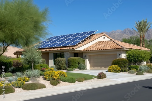 Modern Solar Panels on Yuma Arizona Home Under Clear Blue Sky, Renewable Energy, Sustainable Living, Residential Solar Power, Clean Energy Technology, Eco-Friendly Housing, Solar Panel Installation