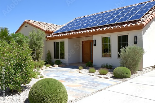 Modern Solar Panels on Yuma Arizona Home Under Clear Blue Sky, Renewable Energy, Sustainable Living, Residential Solar Power, Clean Energy Technology, Eco-Friendly Housing, Solar Panel Installation