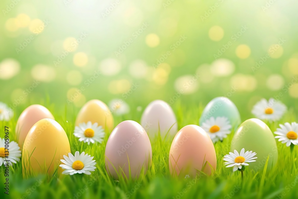 Pastel Easter eggs nestled in vibrant spring grass, surrounded by cheerful daisies, celebrating new life and springtime joy with soft sunlight and bokeh effect. Pastel Easter eggs nestled in vibrant spring grass, surrounded by cheerful daisies, celebrating new life and springtime joy with soft sunlight and bokeh effect.