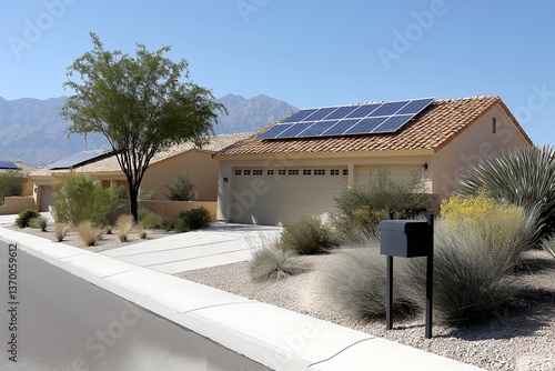 Modern Solar Panels on Yuma Arizona Home Under Clear Blue Sky, Renewable Energy, Sustainable Living, Residential Solar Power, Clean Energy Technology, Eco-Friendly Housing, Solar Panel Installation