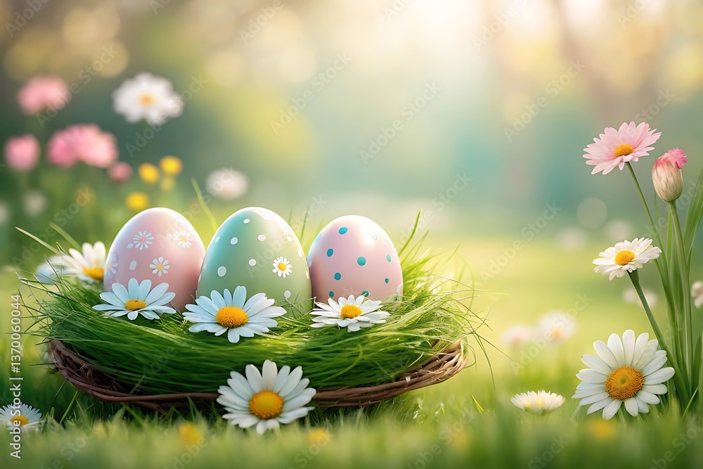 Pastel Easter eggs nestled in a spring meadow's vibrant green grass, surrounded by delicate daisies in soft sunlight. Pastel Easter eggs nestled in a spring meadow's vibrant green grass, surrounded by delicate daisies in soft sunlight.