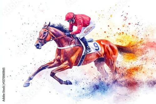 Abstract racing horse with jockey from splash of watercolors on white background. Illustration of paints. Generative AI