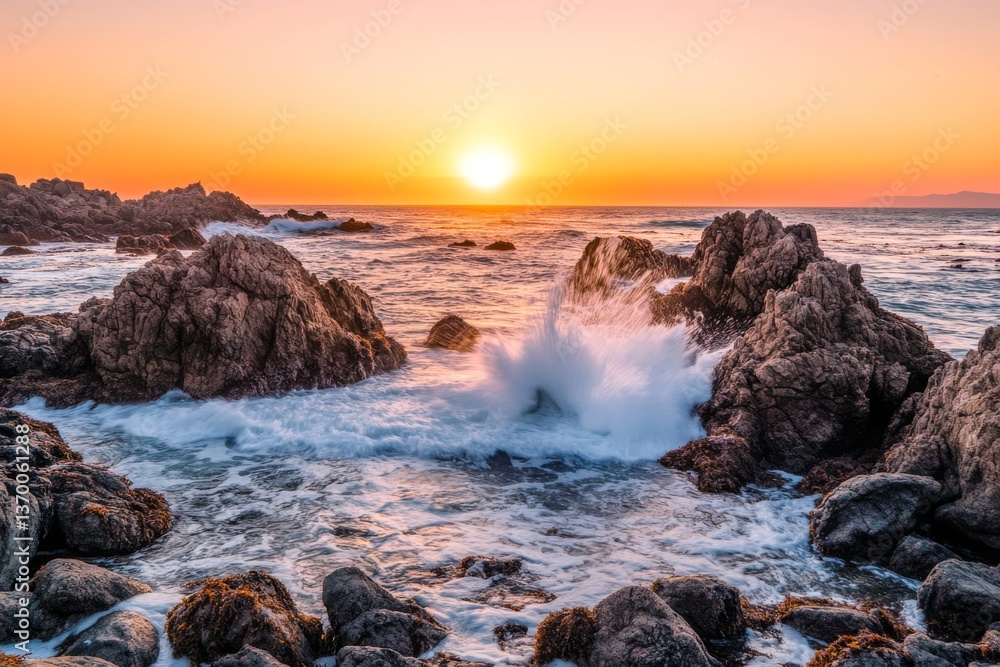 Fototapeta premium Serene Sunset over Ocean Waves Crashing on Rocky Shoreline