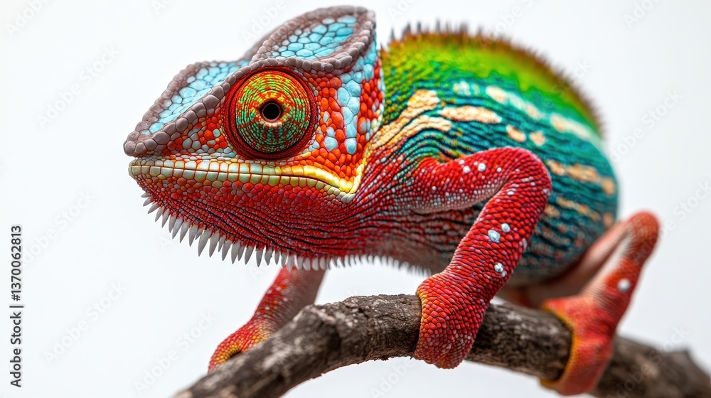Obraz premium Vibrant chameleon displays stunning colors on a slender branch. Intricate patterns and a coiled tail create a captivating portrait against a clean background