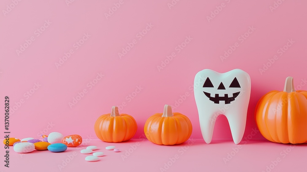 Fototapeta premium Halloween Tooth with Pumpkins and Colorful Candy on Pink Background