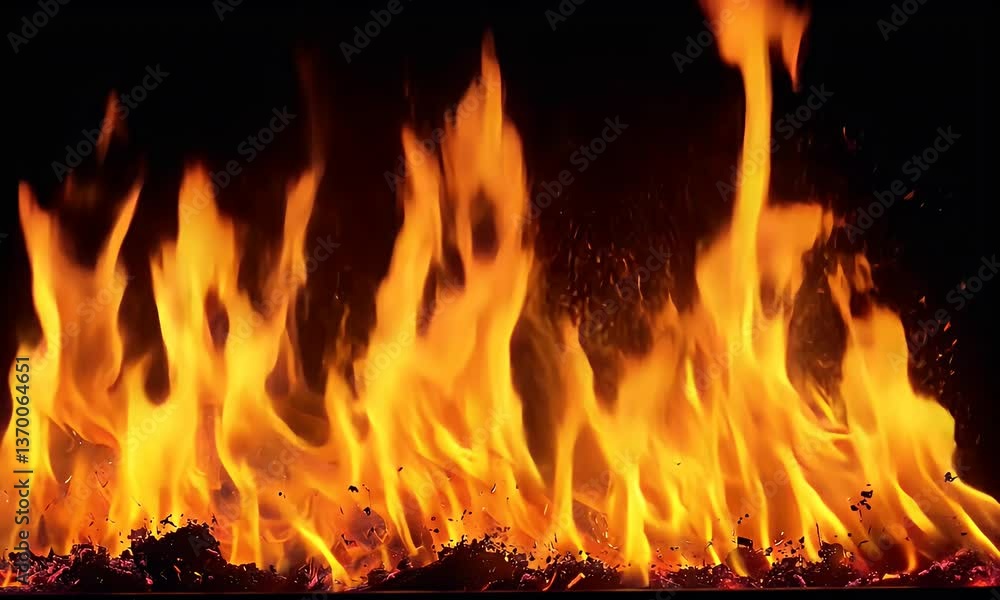 Fiery flames burn bright against a dark backdrop, creating a mesmerizing display of light, heat, and energy Fiery flames burn bright against a dark backdrop, creating a mesmerizing display of light, heat, and energy