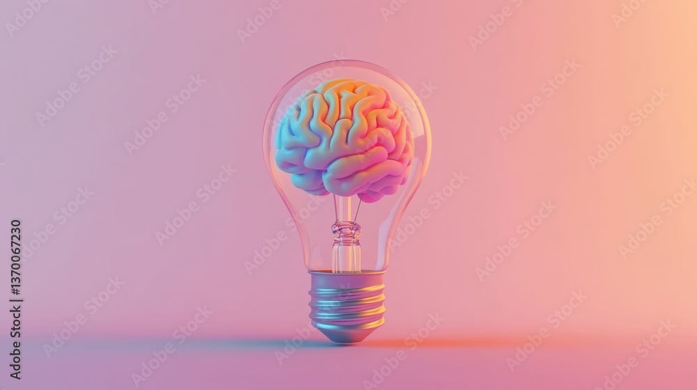 A pastel toned with neon light 3D rendered glass light bulb encases a vibrant human brain, representing innovation and intellect. A pastel toned with neon light 3D rendered glass light bulb encases a vibrant human brain, representing innovation and intellect.