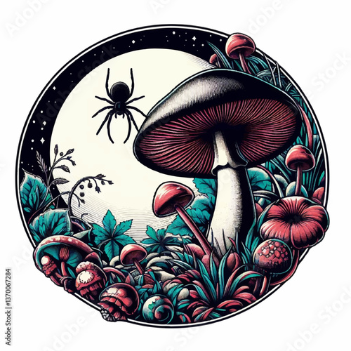 mushrooms with a spider in the forest at night , vector vintage illustration
