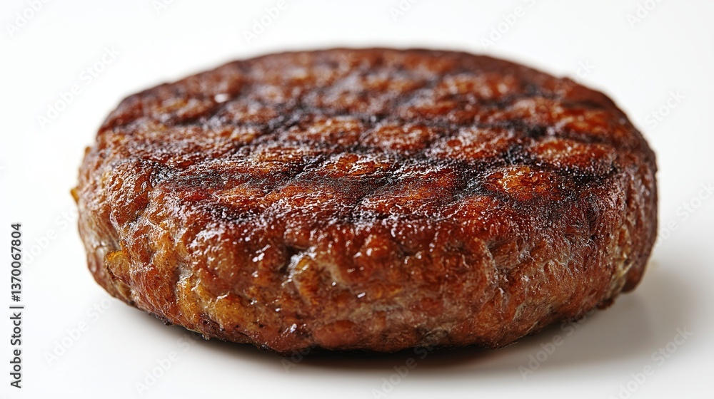 A thick, perfectly round beef patty with a crispy golden crust, white background A thick, perfectly round beef patty with a crispy golden crust, white background