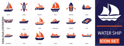 Water ship flat vector icon set.  Ship, Boat, Vessel, Sail, Yacht, Ferry and more icons