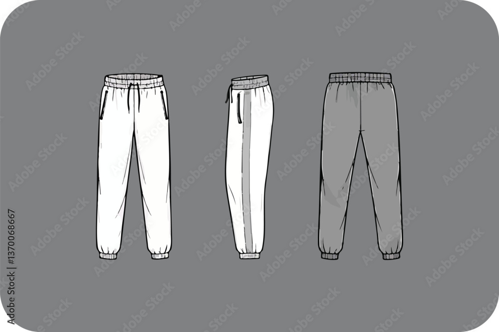 Three Sweatpants Mockups: Front and Side Views for Apparel Design Presentation Three Sweatpants Mockups: Front and Side Views for Apparel Design Presentation