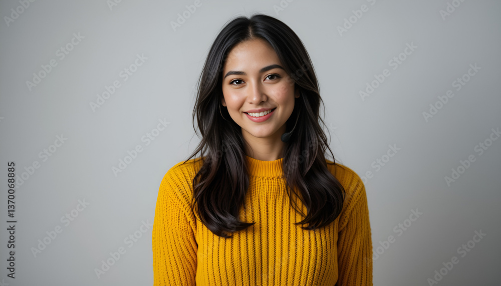Obraz premium A radiant young woman with a warm smile, exuding confidence and joy in a stylish mustard yellow sweater against a soft gray backdrop.