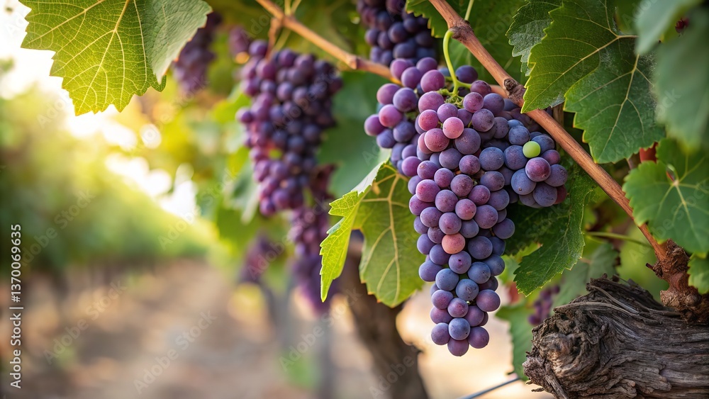 Naklejka premium Ripe bunch of grapes on vine in a vineyard with green leaves and purple clusters ready for harvest in autumn