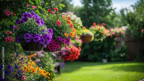 Wallpaper Mural A vibrant garden corner featuring multiple hanging flower baskets of varying sizes Torontodigital.ca