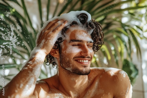 Man washing hair and body using male shampoo while taking shower with foam, standing under water in bathroom